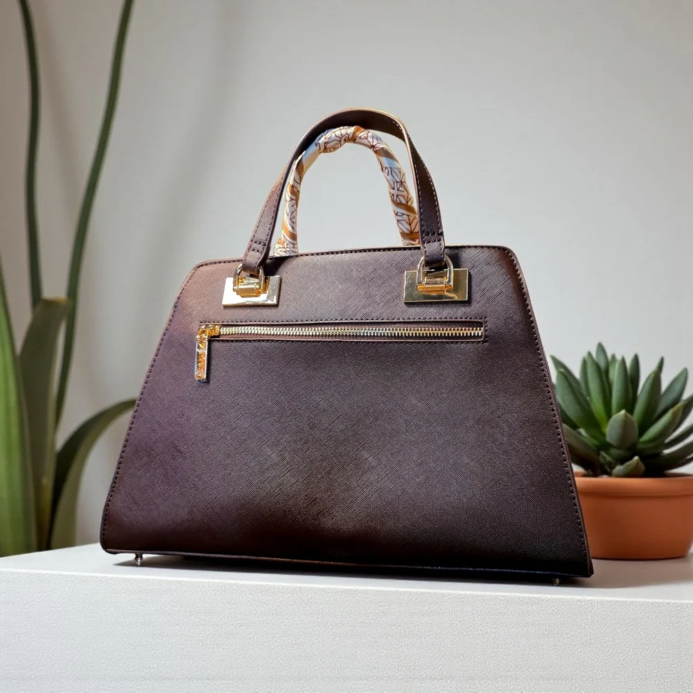 Chic Brown Anne Klein Satchel with Twilly and Bag Charms - Picture 2 of 8